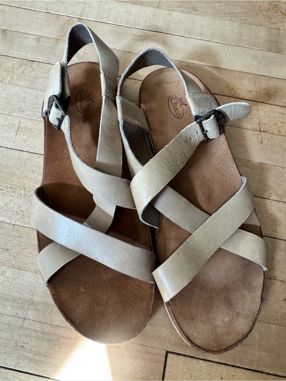 Chaco Beige Leather Crisscross Strap Sandals